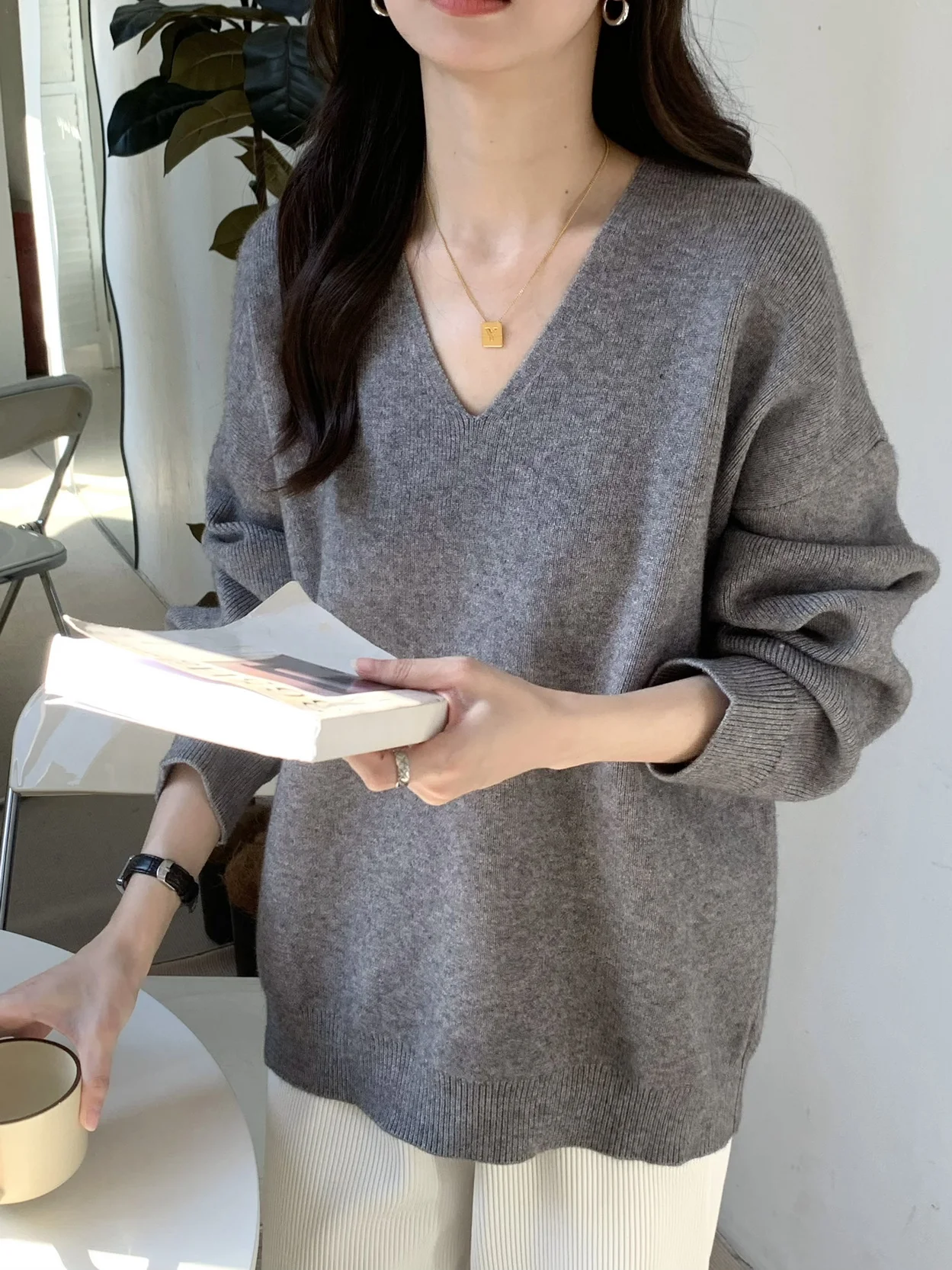 

Loose V-Ne Knitted Sweater Women's Autumn Winter Long Sve Casual Sle Comfortable Fit Faionable Trendy Color Top