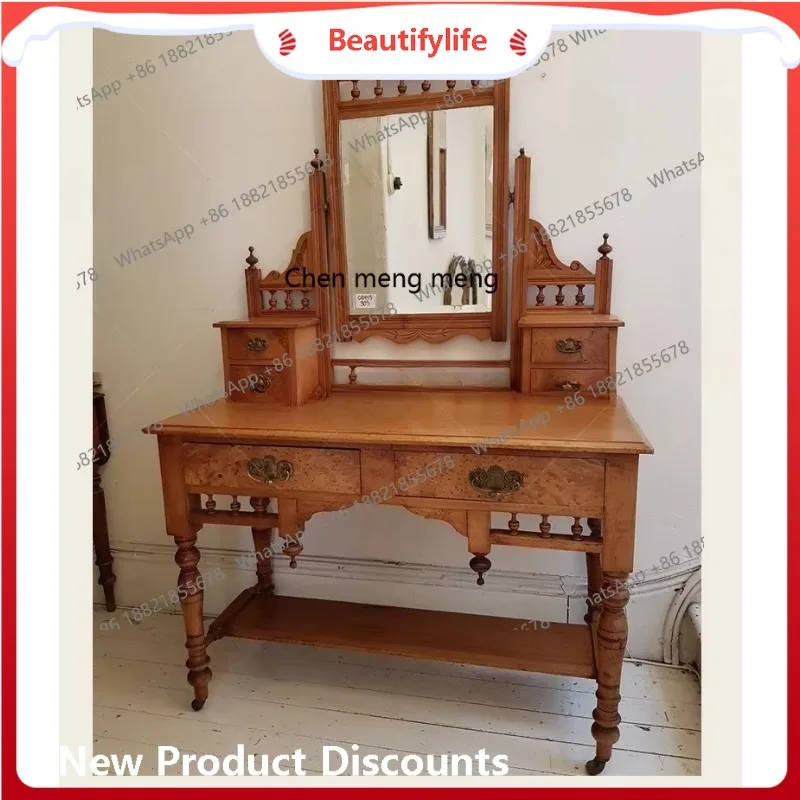 

French retro solid wood carving flower dresser dressing table multi-drawer makeup table with makeup mirror H