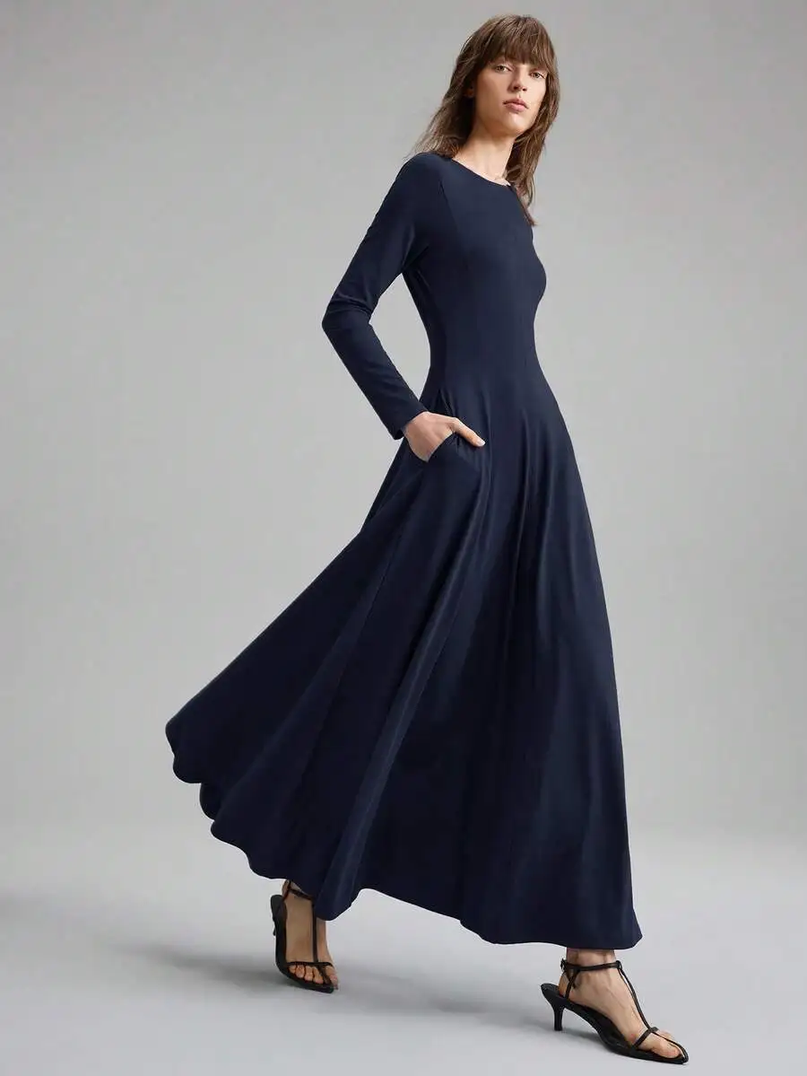 

Elegant Minimalist A-Line Maxi Dress With Pockets Long Sleeve Solid Color Deep Blue