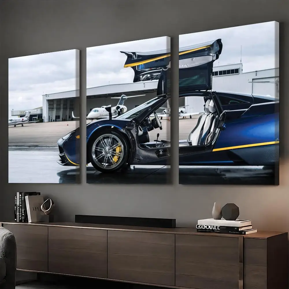 Supercar In Aircraft Hangar Framed Wall Painting Canvas Poster Ready to Hang Wall Art for Bedroom Living Room Home Decor Gift