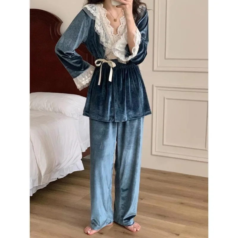 Luxury Brand Designer Clothing Sleepwear Women Pajama Sets Korean Vintage V-Neck Lace Long Sleeve Loungewear Nightwear Suits