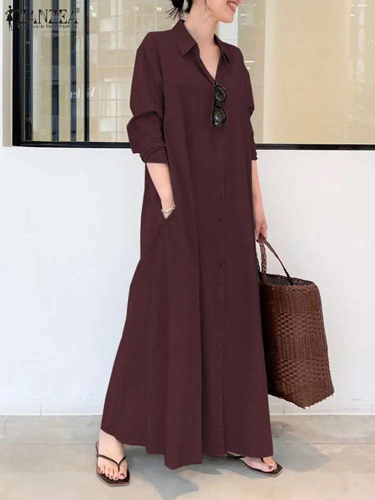 2023 ZANZEA Women Fashion Lapel Neck Dress Femme Casual Long Sleeve Sundress Spring Maxi Robe Solid Shirt Vestidos Oversized