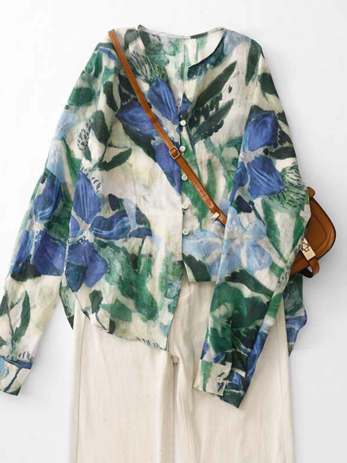 

Women's Loose V-Neck Long Sleeve Shirt Dyed Print Cotton Linen Blend Casual Versatile Design Autumn Fashion Top