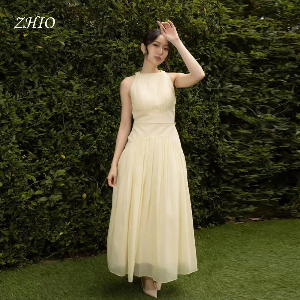 ZHIO فستان سهرة بسيط ليموني فاتح رسن بدون أكمام طول الكاحل الأورجانزا فساتين حفلات الزفاف فستان حفلات رسمي مخصص