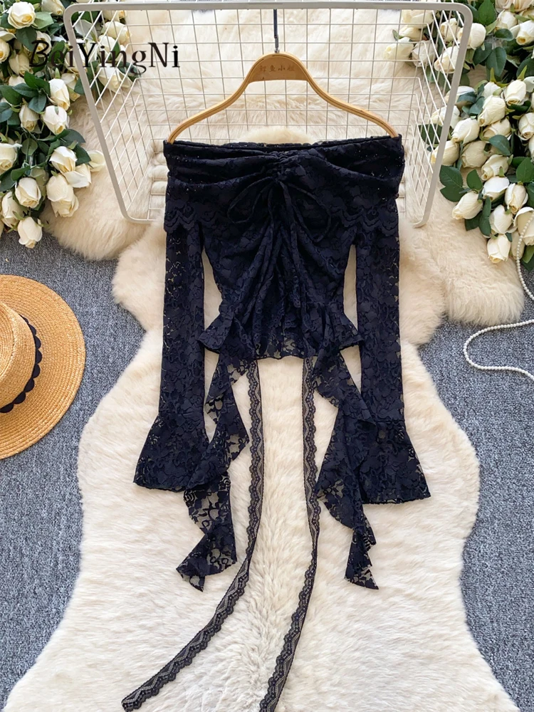 

Beiyingni Trendy Sexy Slash Neck Long Sleeve T-shirt Women Lace Drawstring French Sexy Crop Top Female Solid Color Tee Shirts