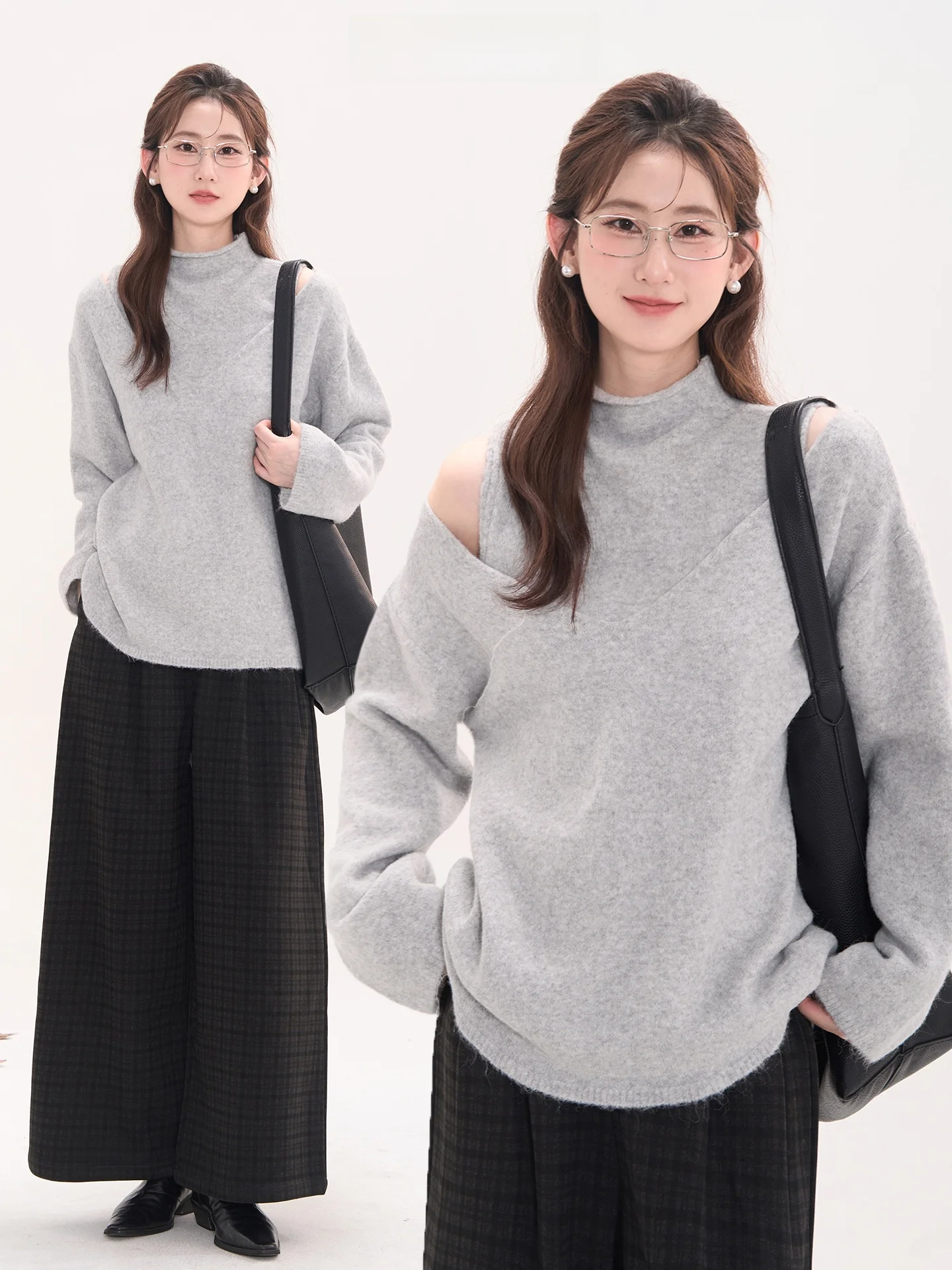

Heme0 Wool Knitted Long Sve Vest Top f High Collar Two-Piece Set Women's Autumn Warm Thermal Pure Color Casual Sle