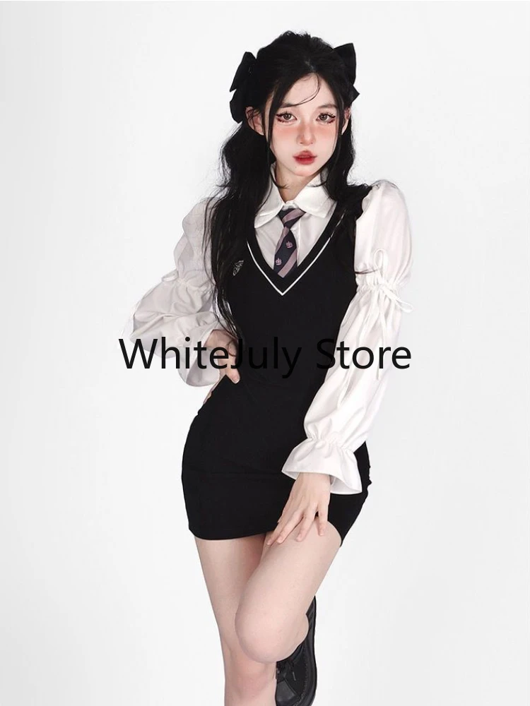 2023 Summer Vintage Knitted Suits Korean Style Sexy Bodycon Y2k Mini Dress + White Blouse Fashion Suits Even Party Clothing Chic