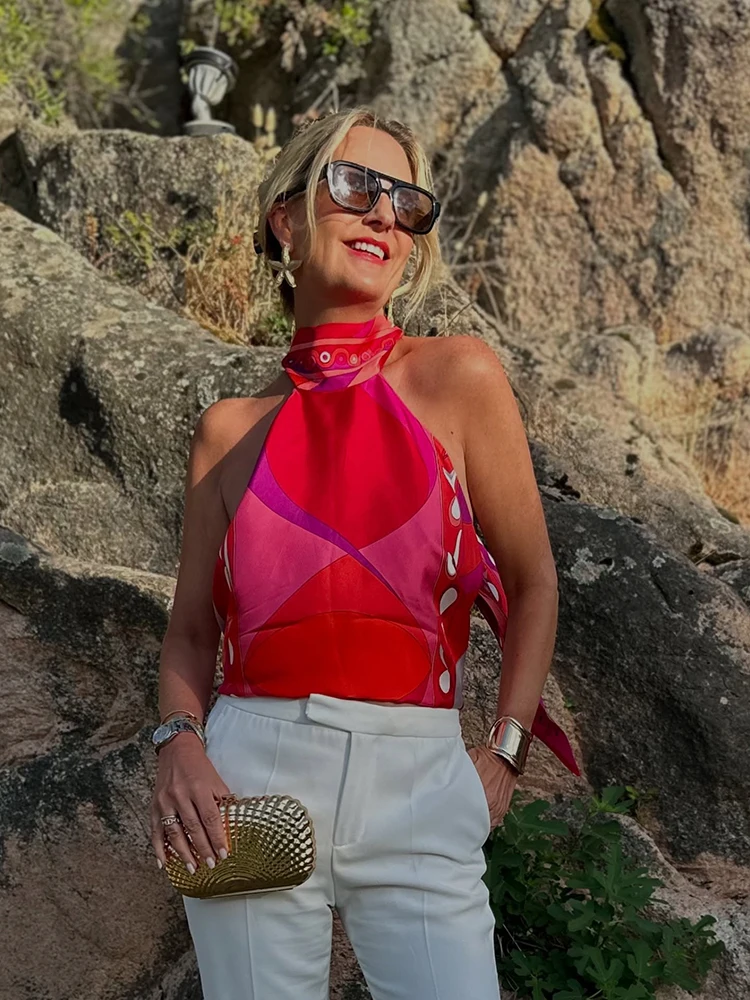 Summer Fashion Vintage Pattern Printing Silk Sexy Backless Blouses Women's Lace-Up Hang One's Neck Slim Sleeveless Tops