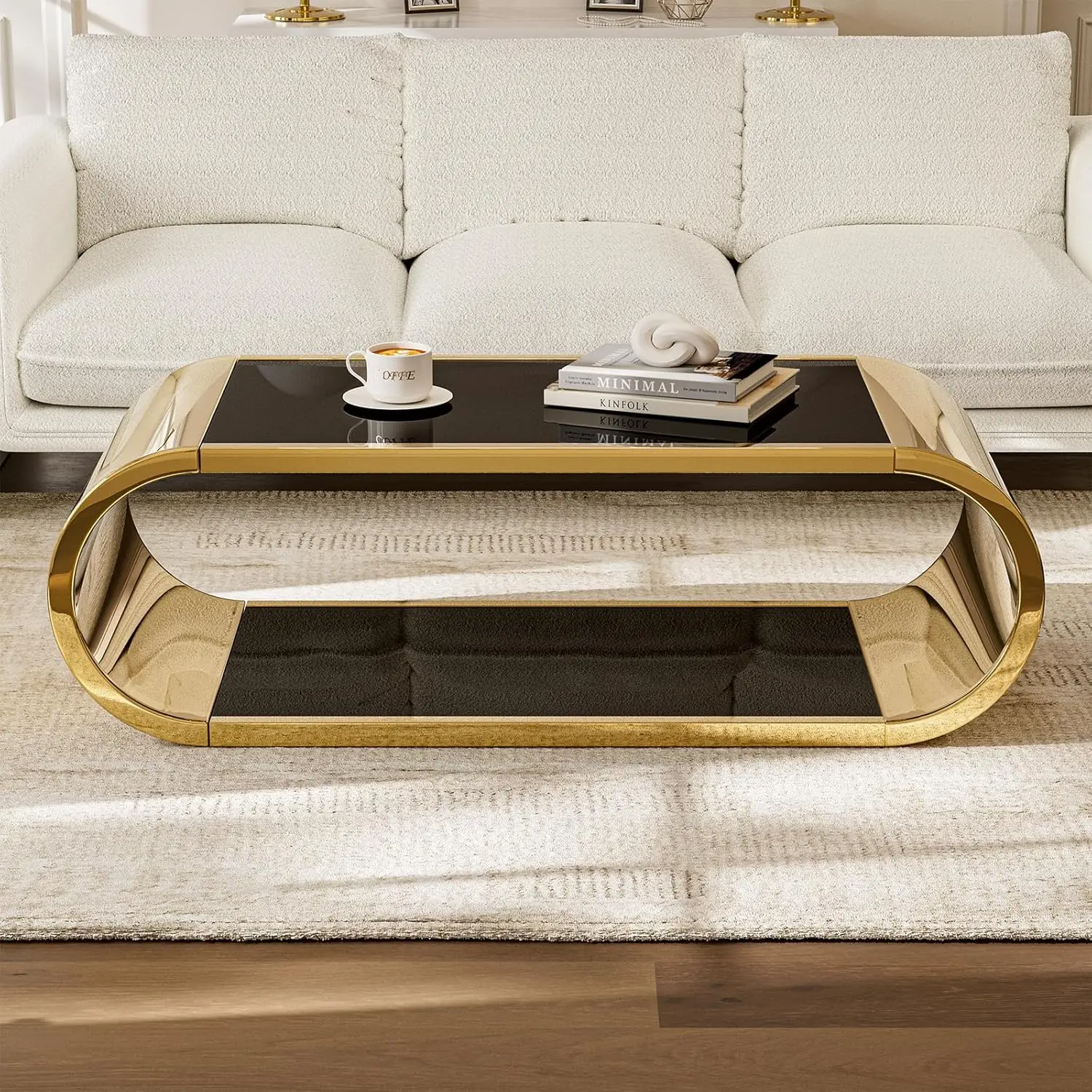 Coffee Table, Modern Coffee Table for Living Room, 2-Tier Glass Top with Large Space Fashion Design