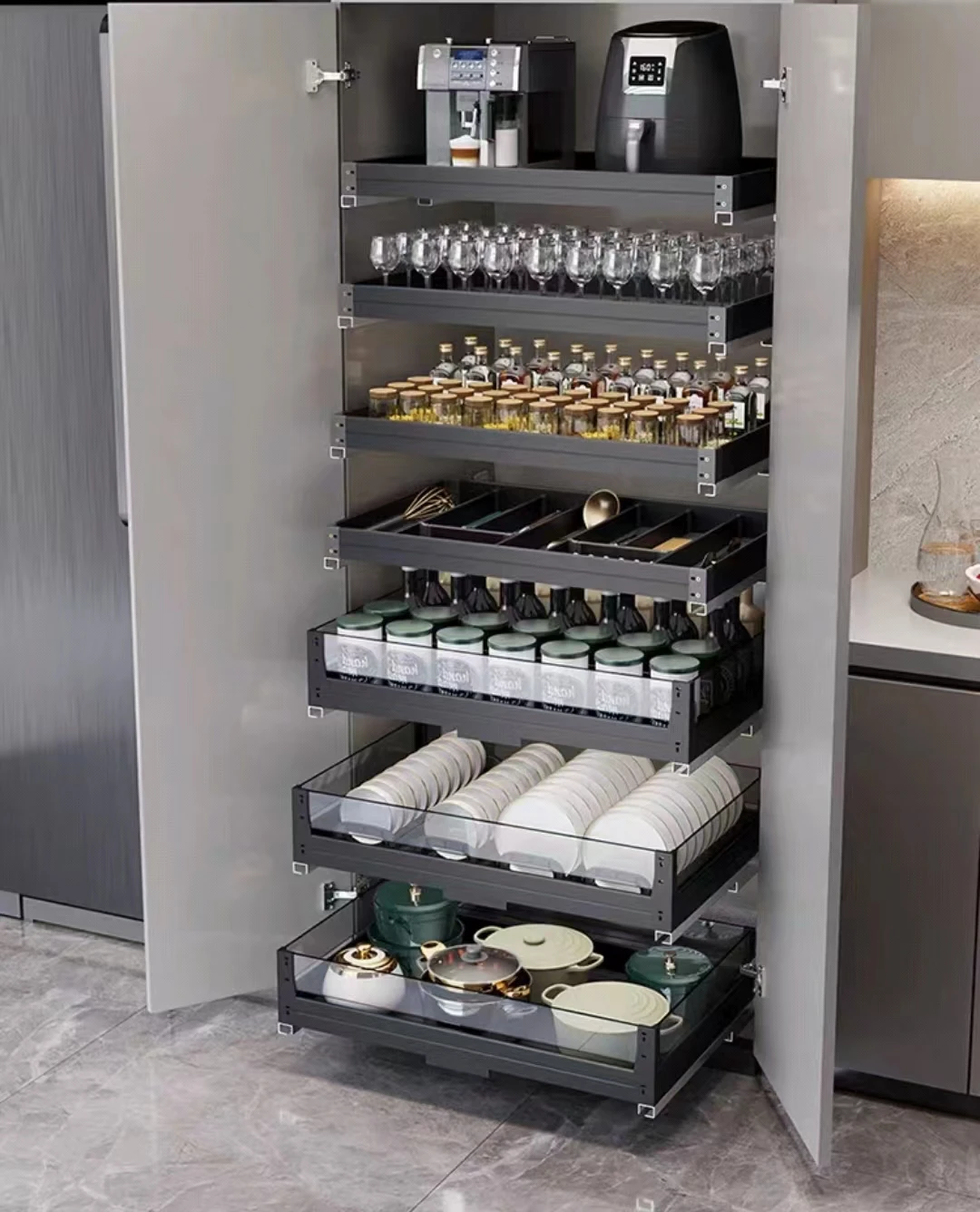 Cabinet Dishes Open-door Seasoning Basket All Aluminum Deepened Multi-layer Storage Drawer Push-pull High Cabinet