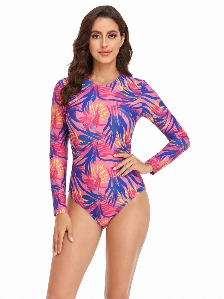 One Piece Swimsuit Women 2026 New Pink Leaves Long Sleeves Bodysuit Sexy Swimwear Summer Monokini Beach Wear Bathing Suit Female
