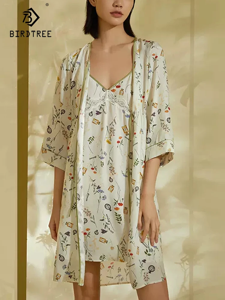 

BirdTree 100%Mulberry Silk Elegant Sleeping Robe, Women's Flower Printed, Fashion Sexy Comfortable Pajamas, 2024 Spring P41908QC