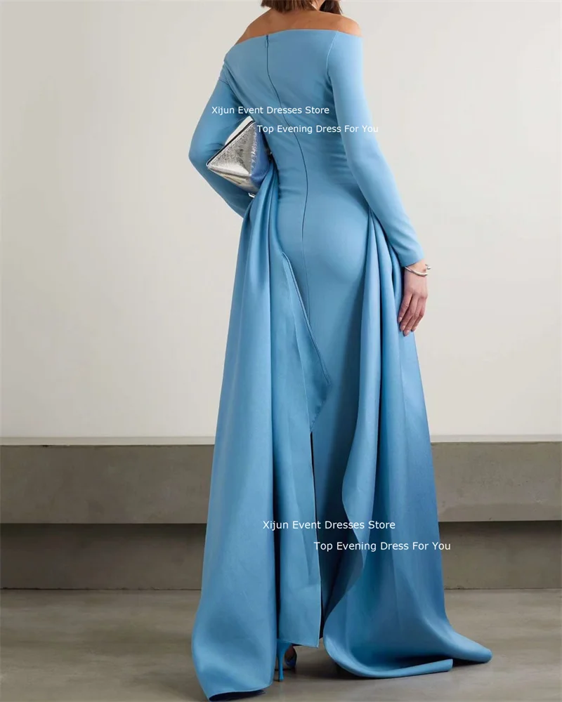 Xijun Crepe Blue Mermaid Prom Dresses Full Sleeves Formal Occasion Evening Dresses Saudi Arabric Pleats Prom Gowns For Women