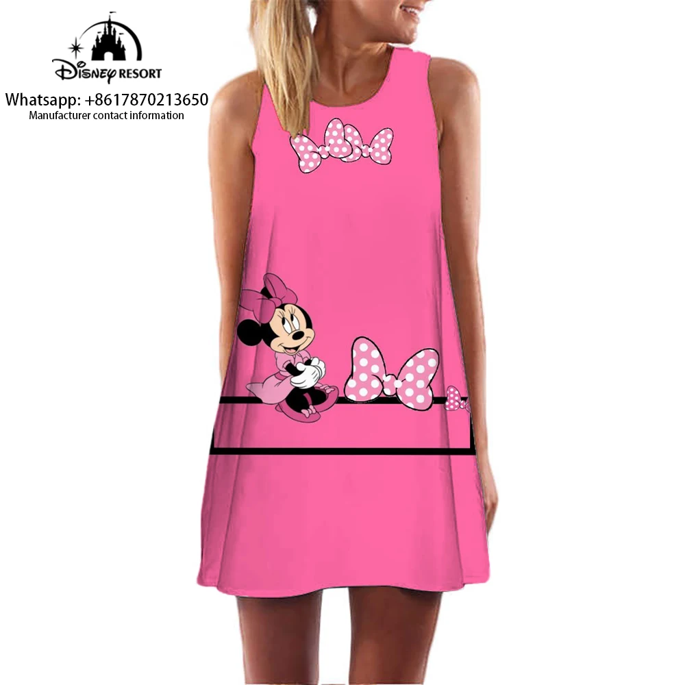 Schattige Minnie Mouwloze Jurk Met Ronde Hals Cartoon Patroon Bedrukte Jurk Zomer Comfortabele Casual Jurk 2024 Zomer Nieuwe Stijl