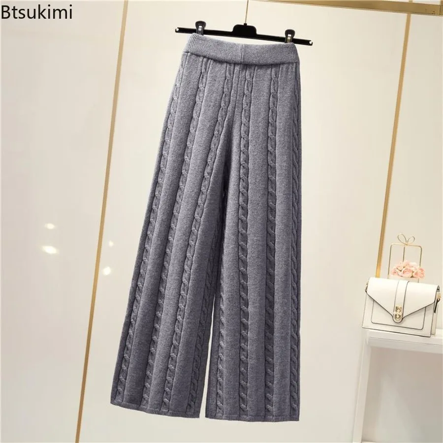 الشتاء محبوك بنطال ذو قصة أرجل واسعة المرأة عالية الخصر قطرة فضفاضة محبوك مستقيم الساق السراويل عادية اقتصاص بنطال ذو قصة أرجل واسعة للنساء