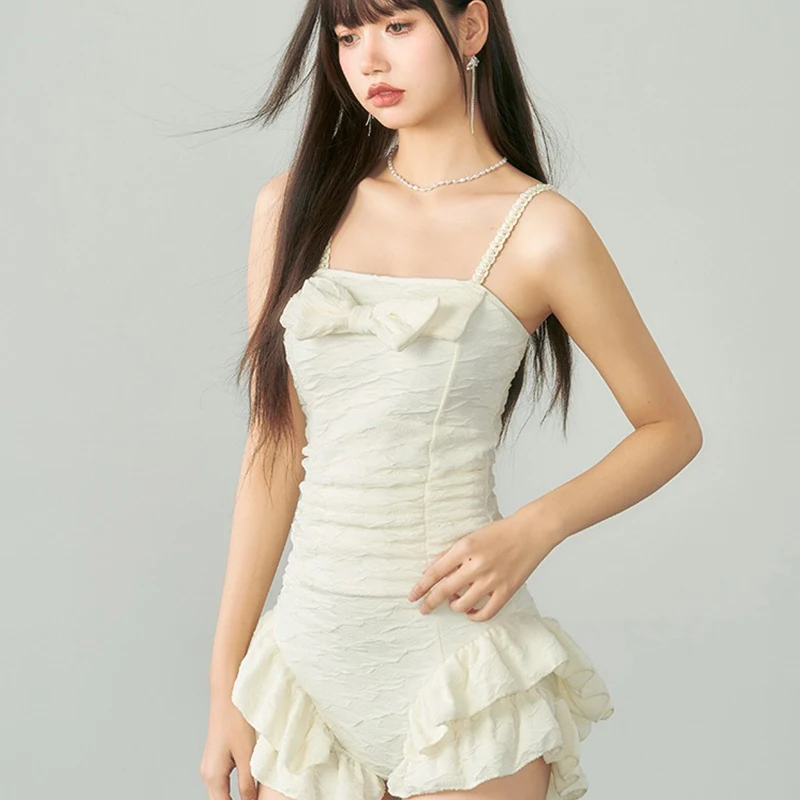 White Retro Women's One-piece Swimsuit Bow Ruffled Decorated Casual Halter Swimwear