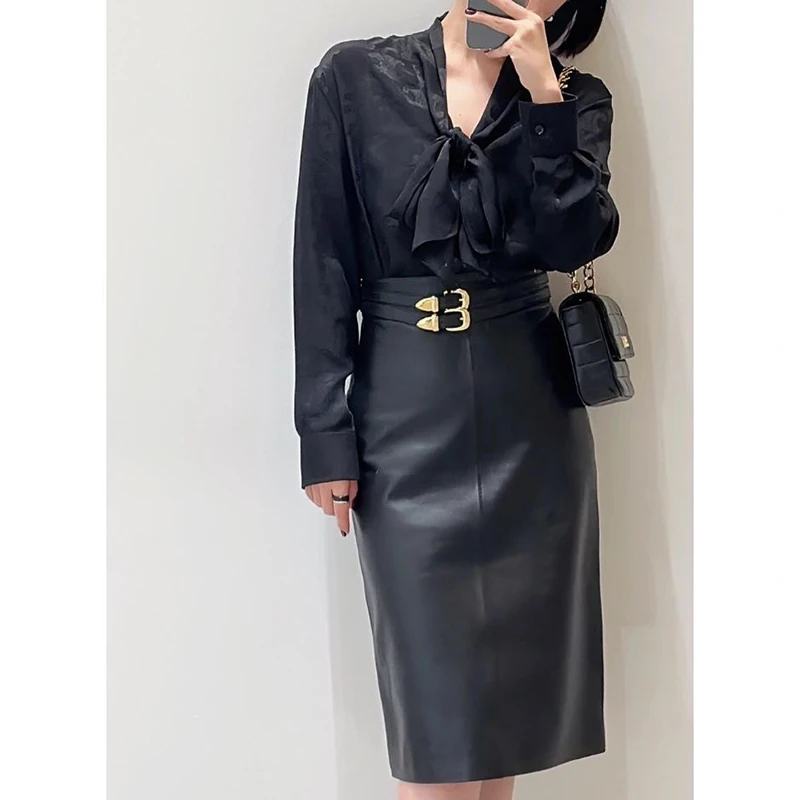 

Кожаная юбка из овчины, модная ретро-модная женская юбка с двойным поясом и высокой талией, тонкая одноступенчатая юбка на бедрах, Midi Jupe Femme, ветер для поездок на работу