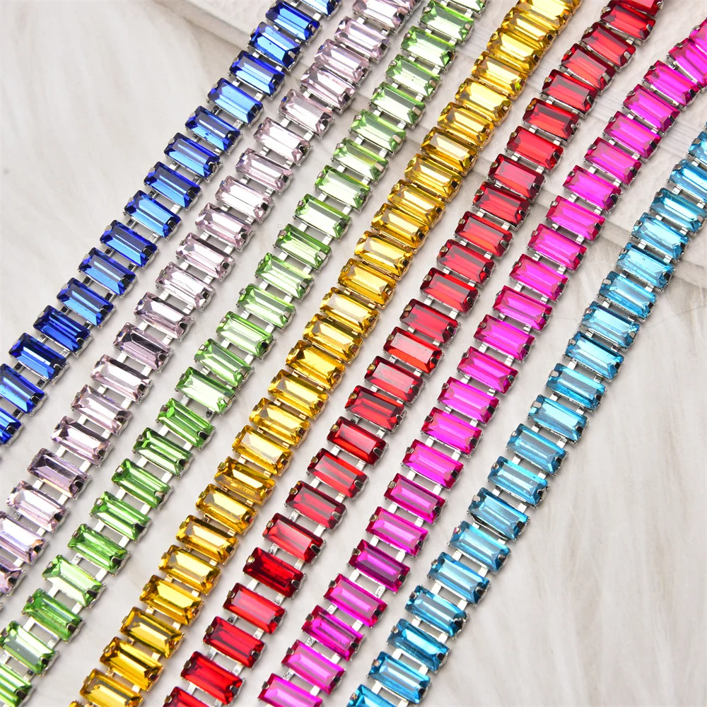 1Yard Colored Rectangular Rhinestones Trim Belt Welded Code Chain Claw Diamond Applique For Garment Collar Shoes Bags Decoration