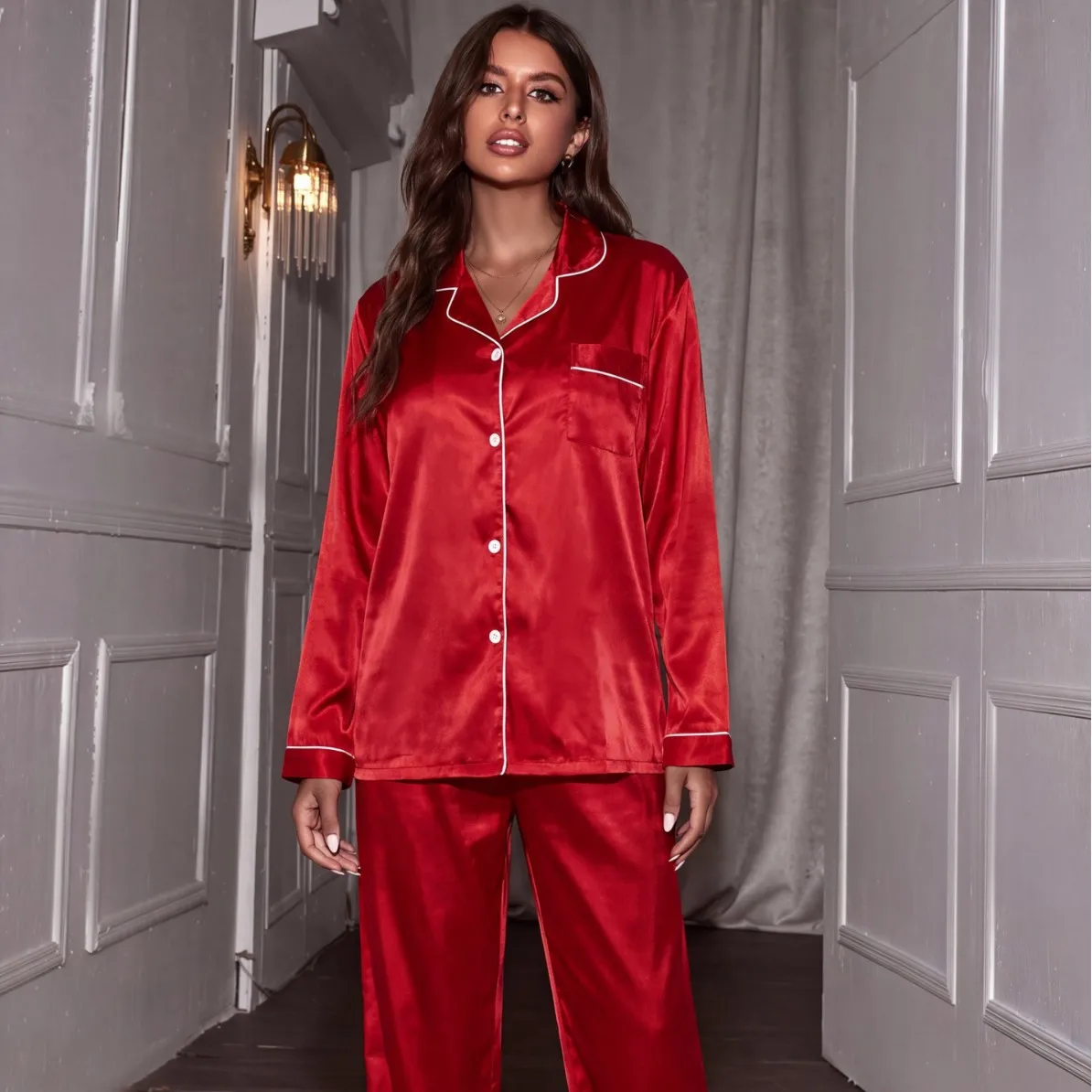 New Women's Cardigan Collar American-Style Pajamas Casual Versatile Long-Sleeve Top and Pants Homewear Plus-Size Set