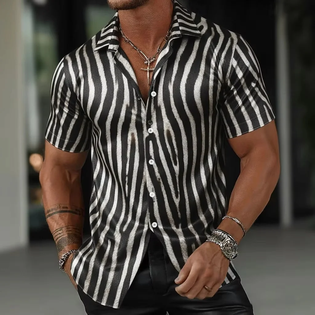 New Summer Men's Striped Short-Sleeve Shirt Stylish Slim-Fit Casual and Versatile Shirt Fashionable Streetwear T-Shirt