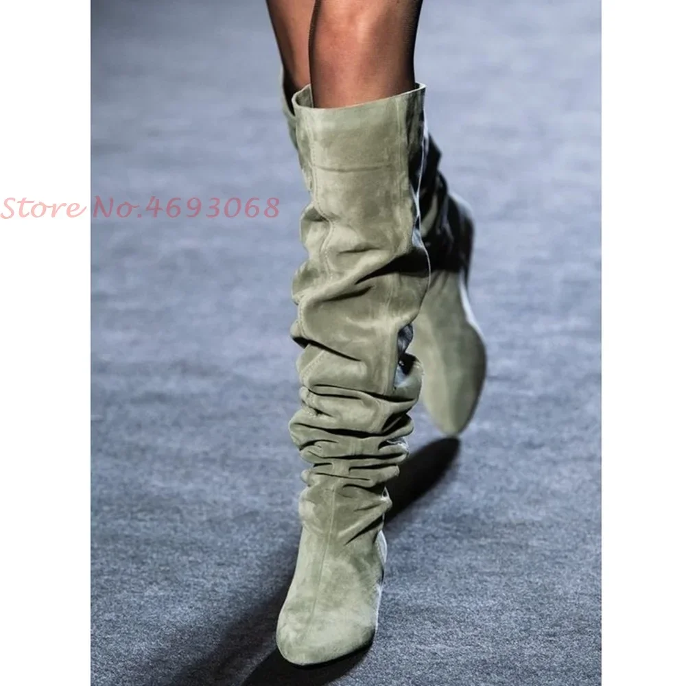 Pleated Wedge Knee High Boots Women Catwalks Sexy Slip On High Chunky Heel Suede Boot Pointed Toe Fashion Ladies Casual Shoes image 2