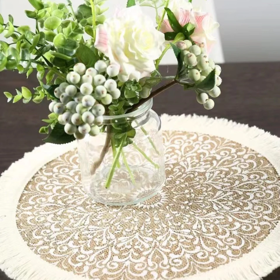 4 Piece Of Jute Fabric Dining Mat, Modern Geometric Pattern Tassel Edge Round Table Pad, For Bedroom, Living Room, Kitchen