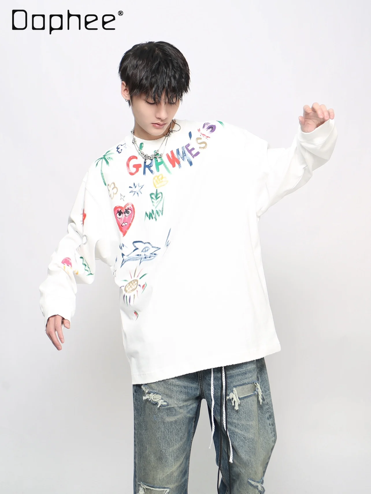 

Spring and Autumn New American Style Cartoon Graffiti Print White Long Sleeve Sweatshirt High Street Couple Round Neck Black Top