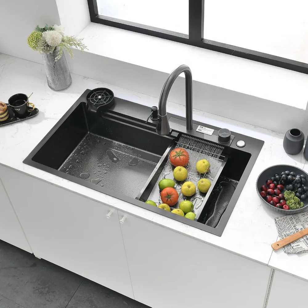 حوض المطبخ 34 بوصة وعاء واحد من الفولاذ المقاوم للصدأ حوض مطبخ متعدد الوظائف مع صنبور 2 في 1 وملحقاتها