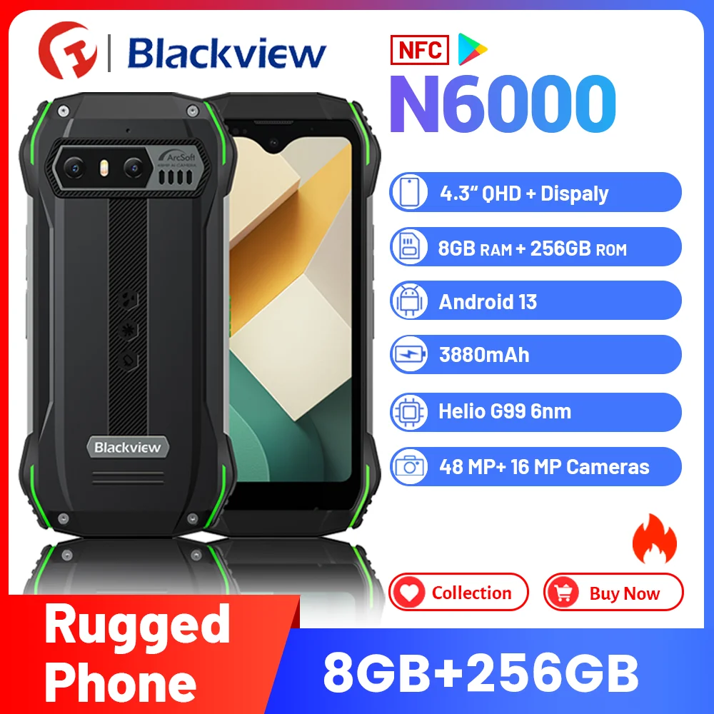 

Blackview N6000 Rugged Smartphone 16GB 256GB ,Android 13, Helio G99 Mobile Phone, 4.3''Display, 48MP Cellphones NFC