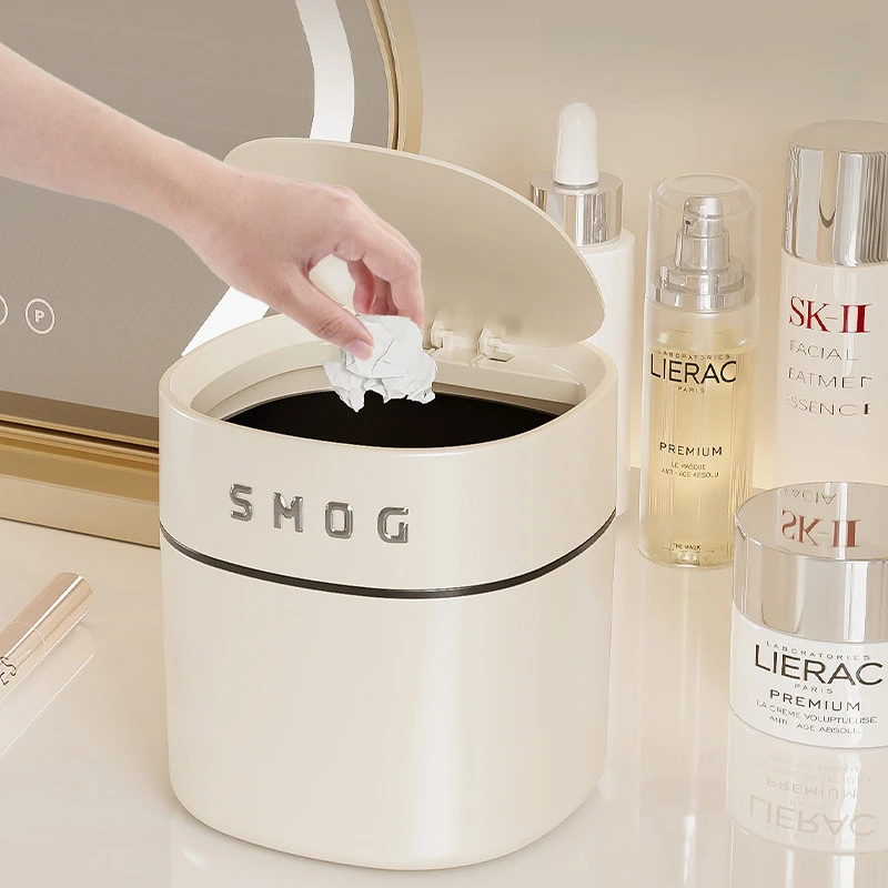 

Cream ins style trash can double-layer structure design advanced portable push-open lid fashionable hygienic design