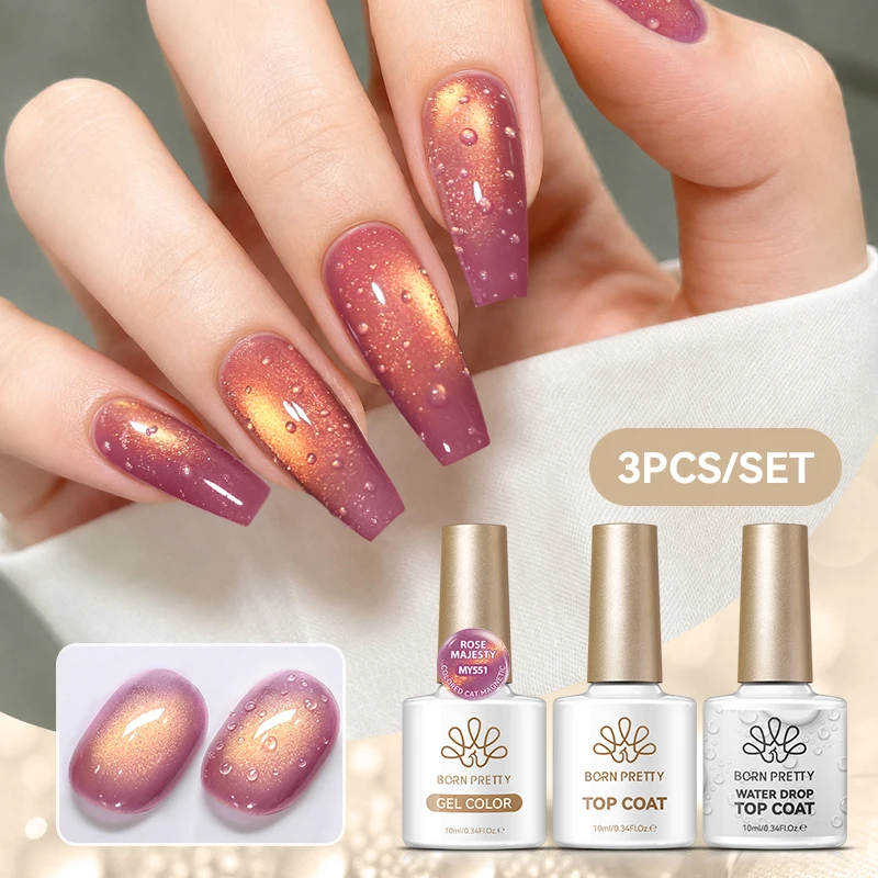 BORN PRETTY 3Pcs 3D Water Drop Top Coat Cat Magnetic Gel Nail Polish Set With Water Droplets Effect No Wipe Top Coat