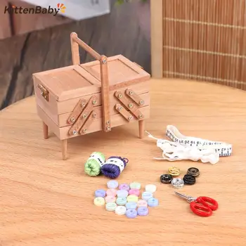 1:12 Dollhouse minyatür High End dikiş kutusu kiti iğne makas örgü aracı terzi aksesuarları dekorasyon oyun evi oyuncak