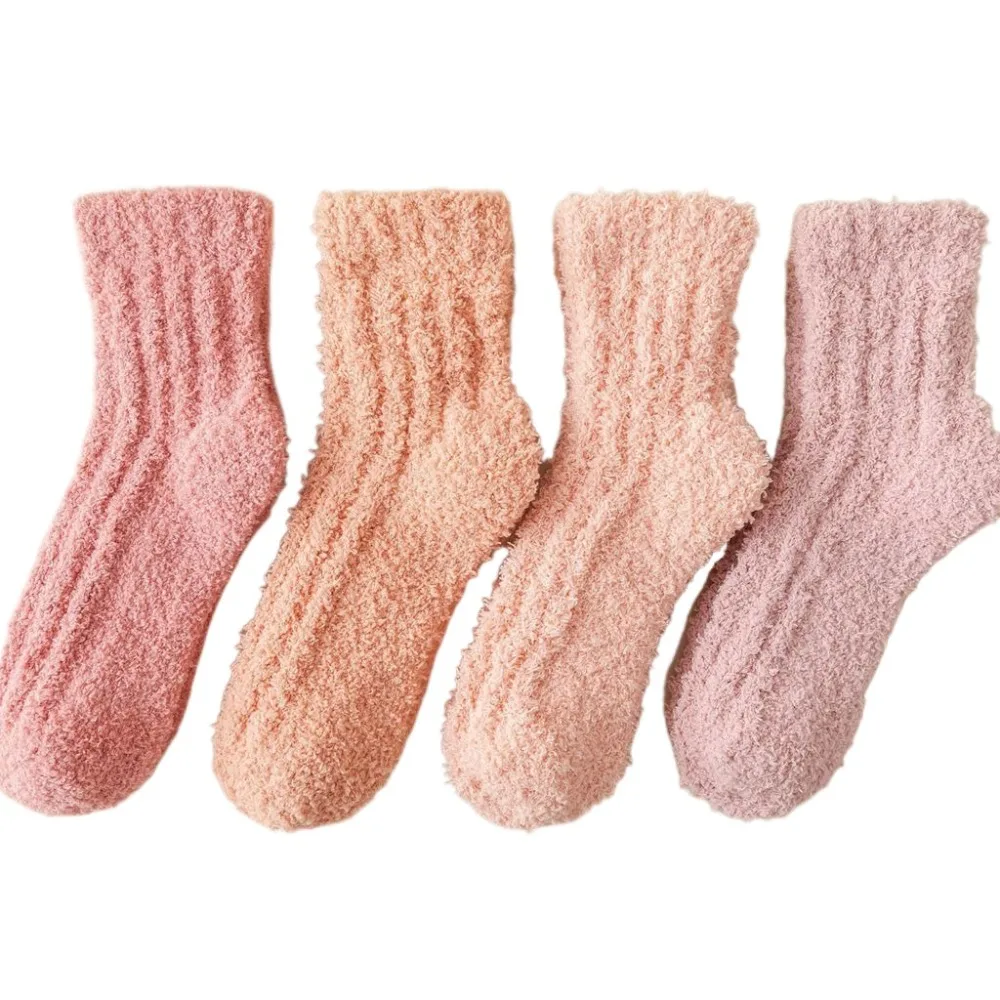 

4Pairs Comfortable Thickened Coral Fleece Socks Sleeping Simple Floor Plush Socks Hosiery Winter Mid Tube Socks Women Winter