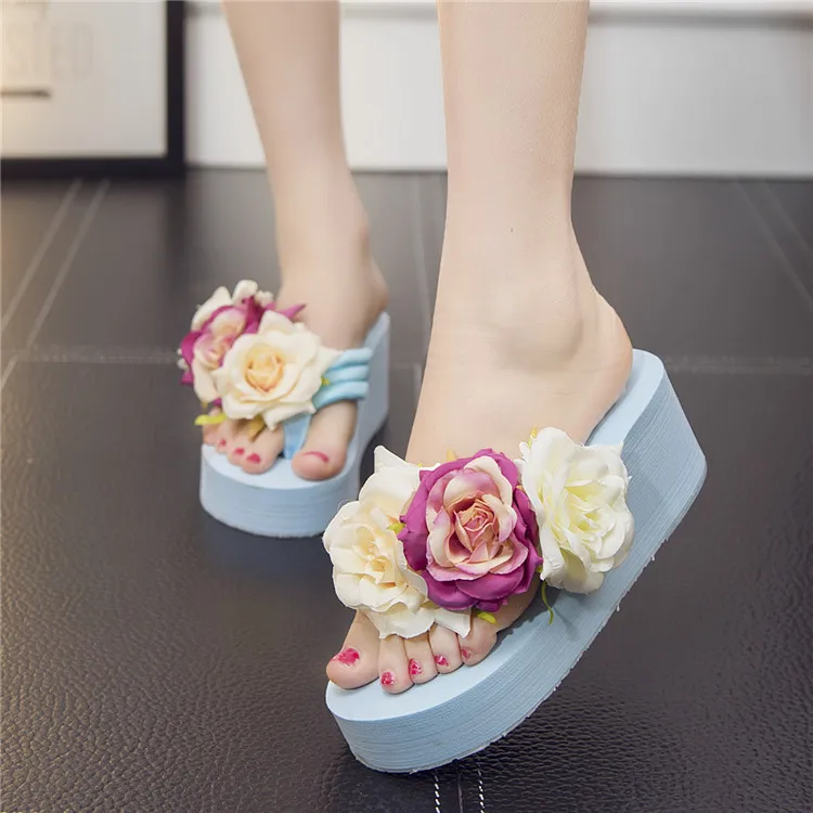 Ladies Slippers Summer Flip Flop Flowers decoration Female Flip flops High heels EVA Flip flops Bohemia Beach Slippers Shoes