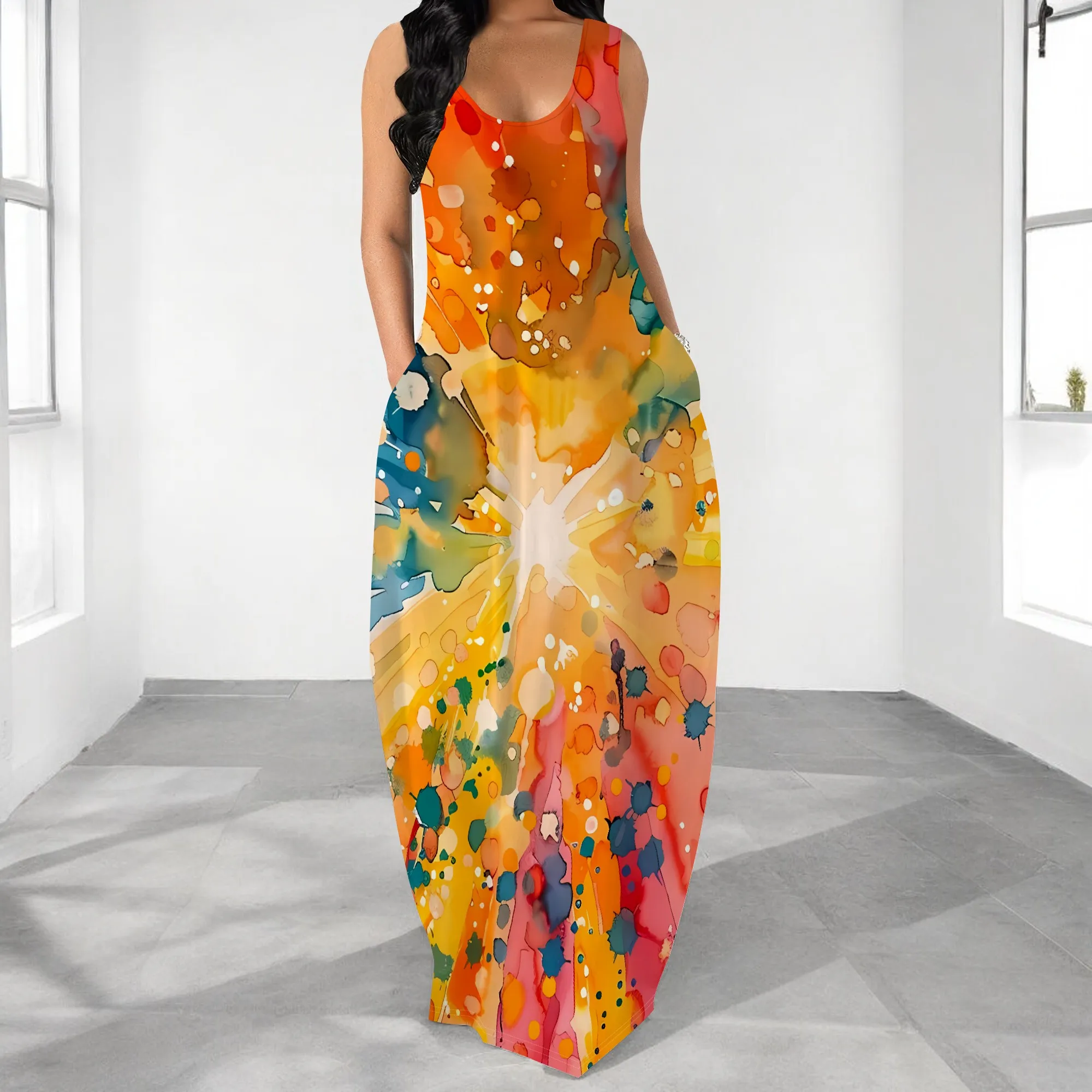 

Nupusa Colorful Splash Print Dress for Women Standard Size Summer Casual Sleeveless Maxi Dress with Pockets
