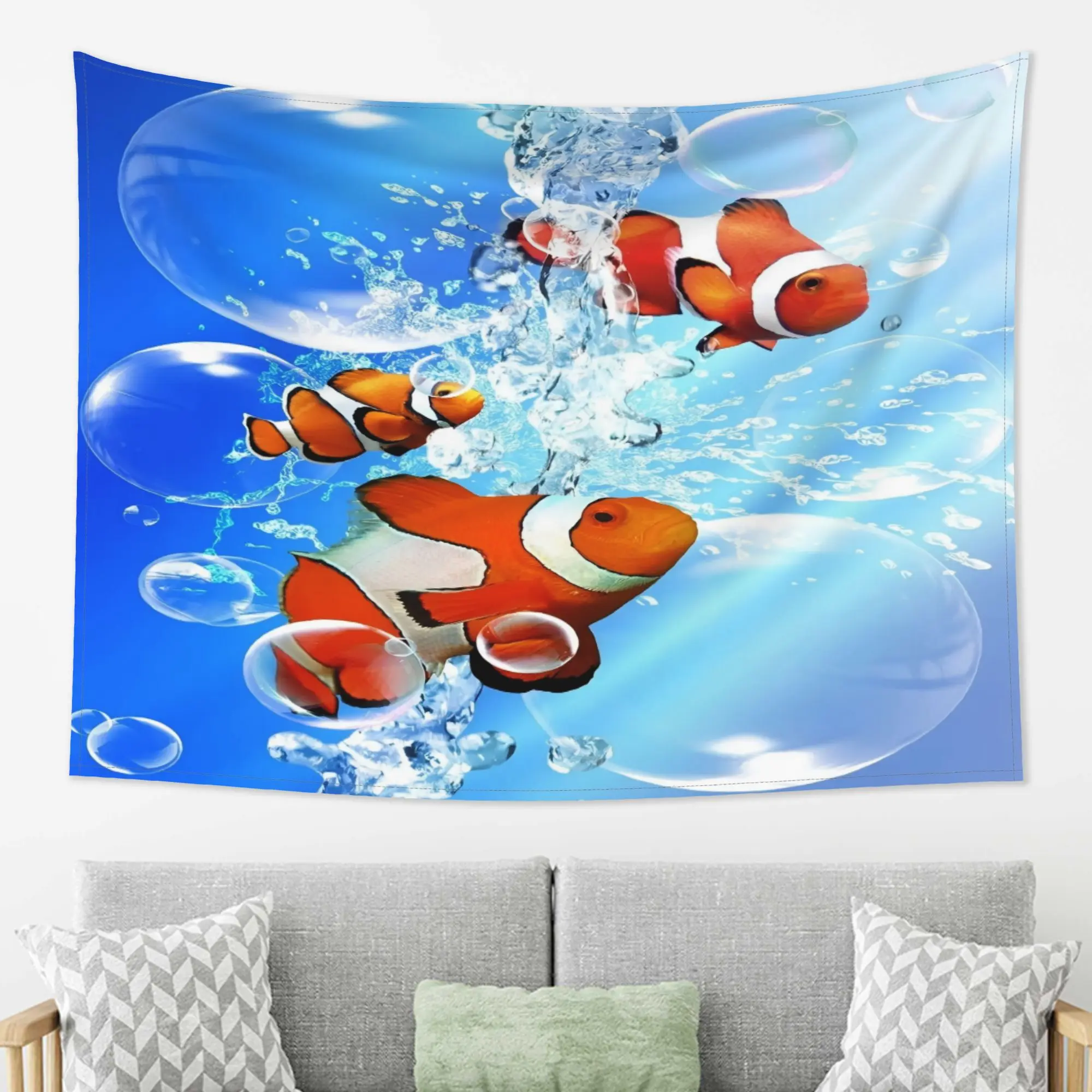 VIKAMA Fresh Ocean Wind Clown Fish Tapestry Blue Underwater Bubbles Water Splash Print Wild Animal Nature Wildlife