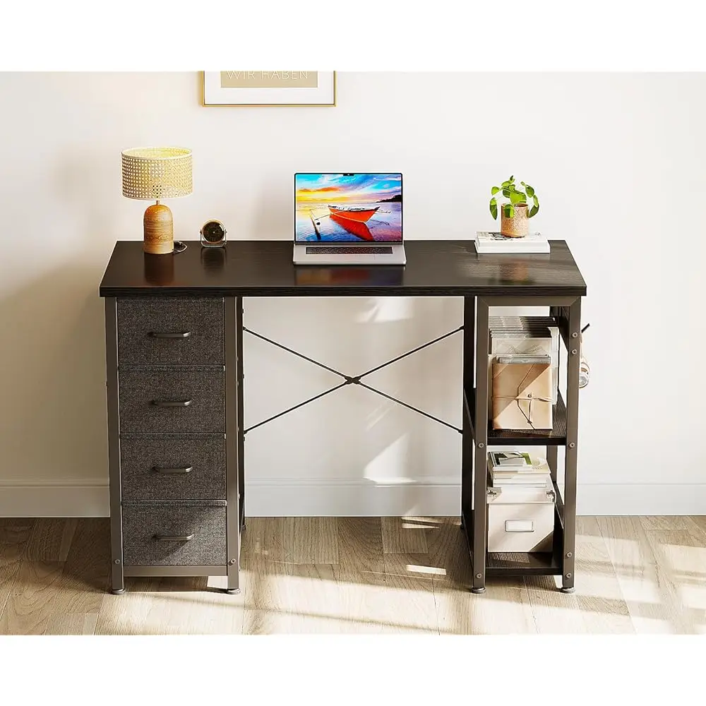 40 H Small Computer Desk With 4 Fabric Drawers, Modern Writing Pc Desk For Small Spaces, Study & Home Office Desk With Storage