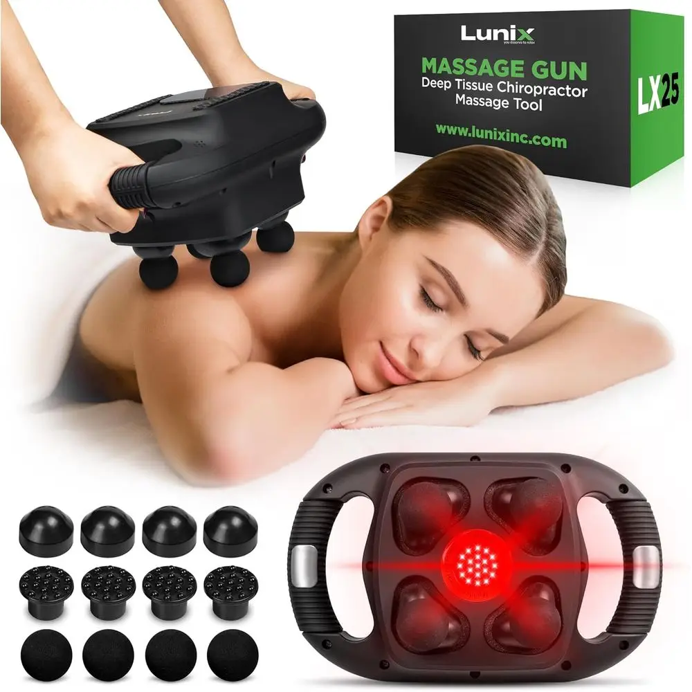 

4-Head Percussion Massager with Red and Near-Infrared Light Therapy, USB Rechargeable, Adjustable Intensity, Comes with Storage