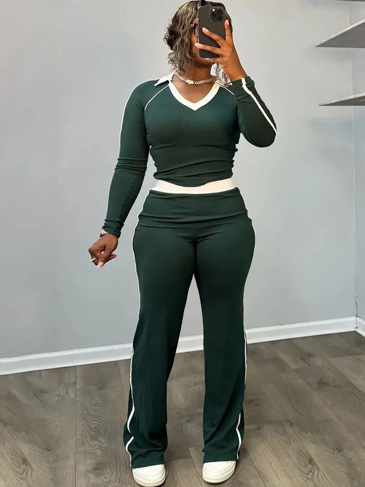 

Nibber Sporty Simple Contrast Patchwork 2 Piece Set Woman V-Neck Full Sleeve Tops+Skinny Long Pants Casual Style Classic Outfits