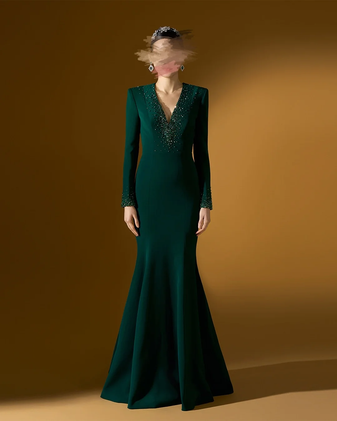 Meetlove Vネックフルスリーブマーメイドグリーンフロアレングスビーズ装飾エレガントなイブニングガウン、女性用カスタムプロムドレス