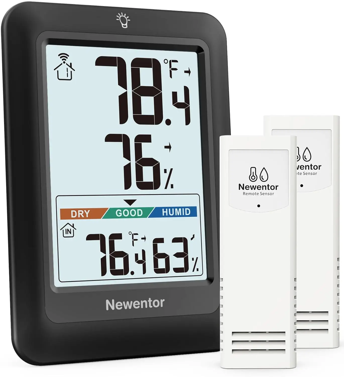 

Wireless Indoor Outdoor Thermometer with 2 Sensors, 328ft Range, 4' Screen, Comfort Indicator, Black