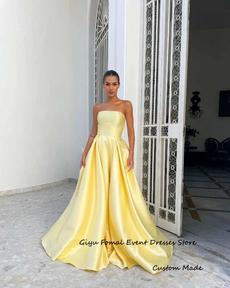 Giyu Simple Yellow Satin Evening Dresses Wedding Party Arabic Women Strapless Floor Length Prom Gowns Formal Occasion Party