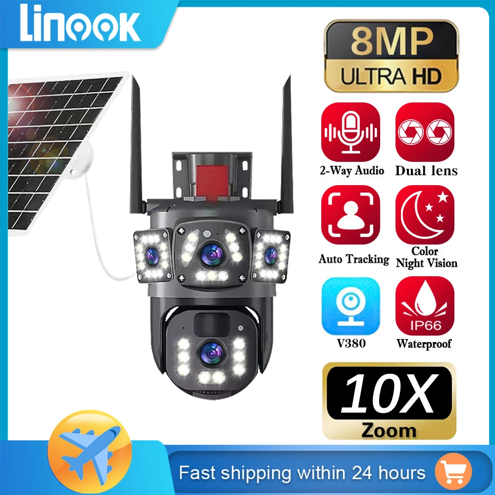 Linook V380 Pro WiFi Solar Camera 4K 8MP PTZ 4G SIM Card Security Camera Outdoor CCTV Monitoring