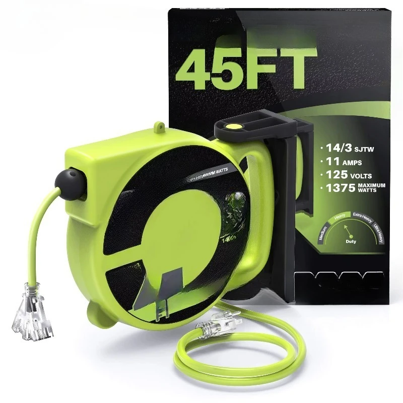 

40 '12AWG Three Outlet Wire Reel with Light Indicator Circuit Breaker Wall Mount Retractable Extension Wire Reel