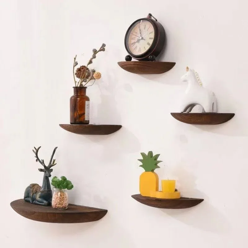 Solid wood semicircular wall shelf background wall hanging projector display rack storage storage pendant home decoration