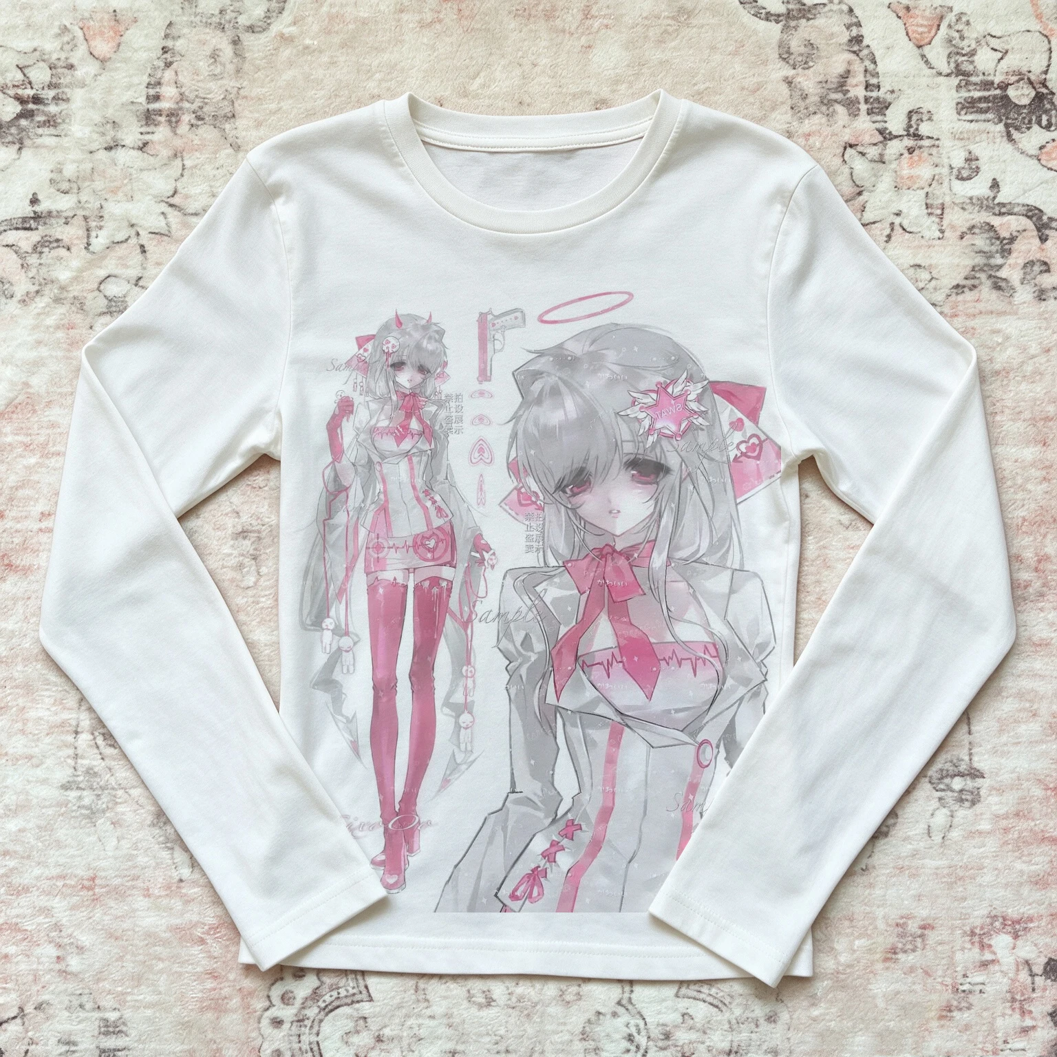 White Slim Baby T Shirt Women Pink Demon Nurse Anime Graphic Print Short Sleeve Goth Y2K Egirl Lolita Harajuku Alt Streetwear Te