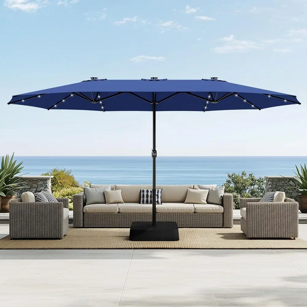 

15ft Navy Blue Double-Sided Heavy Duty Outdoor Patio Umbrella with Lights and Base for Garden, Pool, or Market