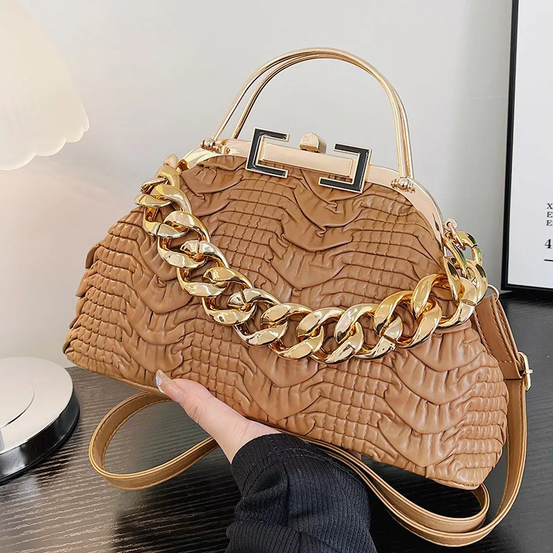 Elegant Women Shoulder Bags Gold Thick Chain Crossbody Bags Femme Hobos PU Leather Pleat Handbags Designer Lady Evening Clutch