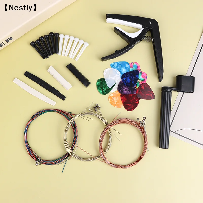 48Pcs/Set Acoustic Guitar Access Kit Capo Strings Picks Winder Bridge Pins Saddles All-in-One Guitar Care Kit For Beginner〔Nest〕