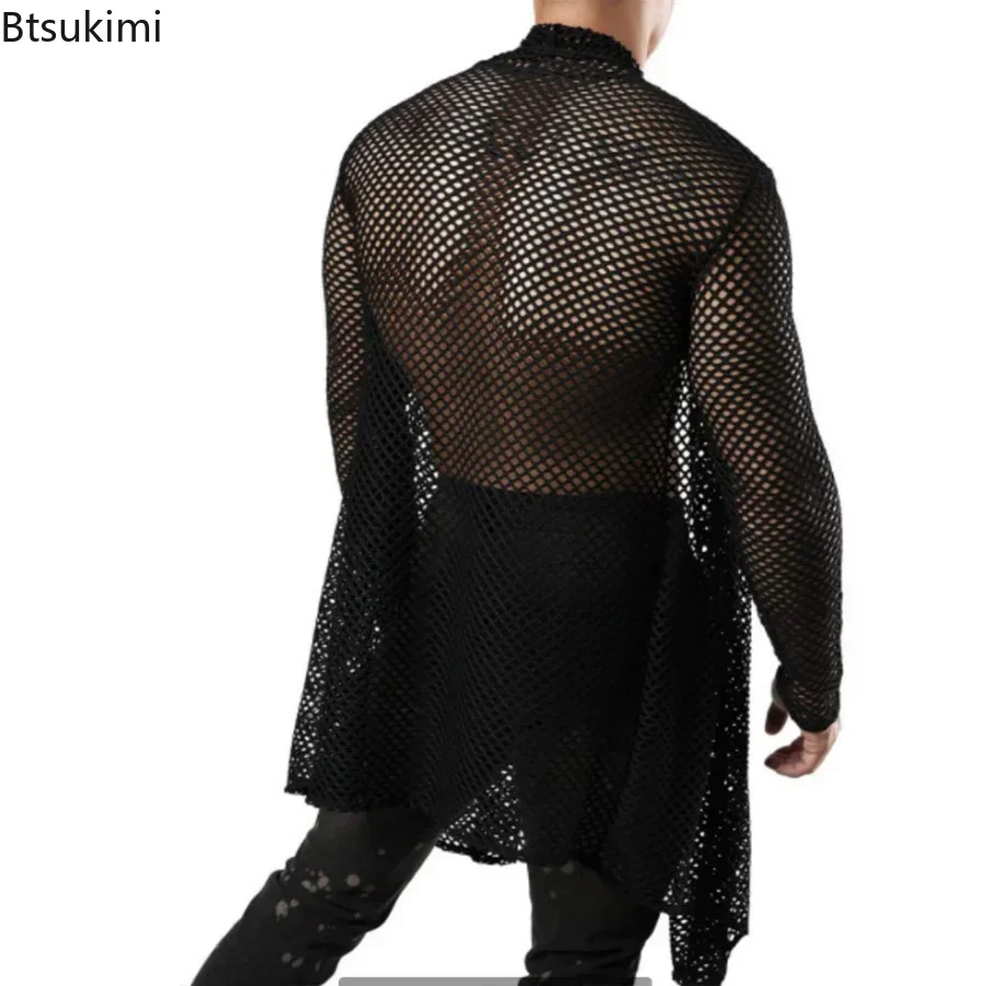 2025 männer Sexy Aushöhlen Lange Strickjacke Shirts Grid Streetwear Männer Perspektive Langarm T Shirts Männlich Tops Designer kleidung